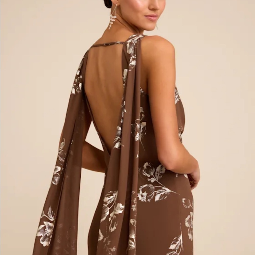 Lulu's Elegant Brown Floral Backless Dress